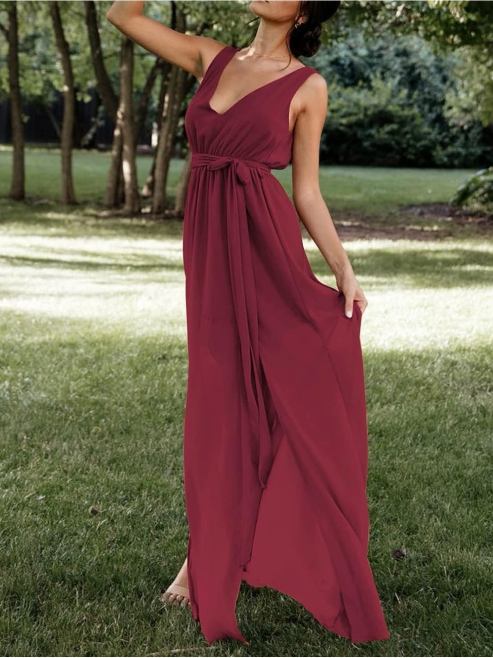 V-Neck Burgundy Maxi Dress with Waist Tie - Picture 2 of 4